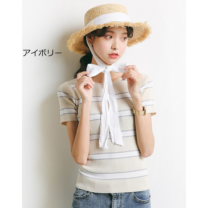 レディース　トップス　サマーニット　セーター　半袖　クルーネック　ボーダー　カジュアル　大人可愛い　フリーサイズ　フェミニン　デート　お出かけ　デイリー　ブラック　グレー　アイボリー　送料無料