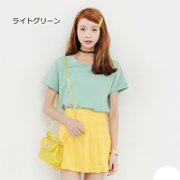 レディース　トップス　Tシャツ　無地　半袖　カットソー　定番　カジュアル　フリーサイズ　大人可愛い　お出かけ　デイリー　イエロー　ホワイト　モスグリーン　ラベンダー　グリーン　ピンク　ライトパープル　レッド　ライトブルー　ライトグリーン　ブラック　送料無料