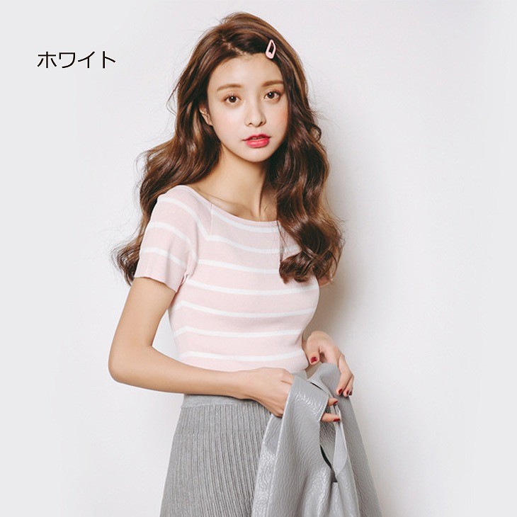 レディース　トップス　サマーニット　セーター　半袖　ボーダー　カジュアル　大人可愛い　フリーサイズ　フェミニン　デート　お出かけ　デイリー　ネイビー　ホワイト　ブラック　グレー　送料無料