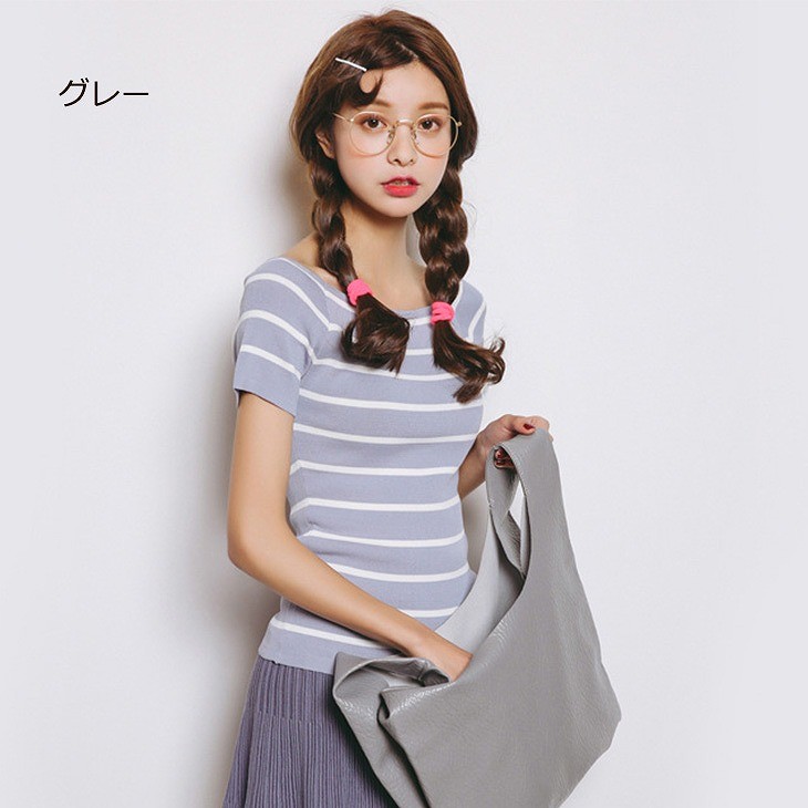 レディース　トップス　サマーニット　セーター　半袖　ボーダー　カジュアル　大人可愛い　フリーサイズ　フェミニン　デート　お出かけ　デイリー　ネイビー　ホワイト　ブラック　グレー　送料無料