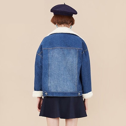 レディース　デニムジャケット　長袖　襟袖裏ボア生地　ゆったり　あったか　カジュアル　お出かけ　デート　デイリー　普段着　ブルー　送料無料
