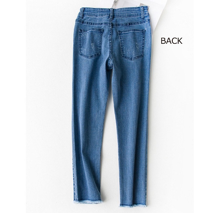 レディース　ボトムス　デニムパンツ　ジーンズ　クラッシュド　ダメージ　切りっぱなし　8分丈　ストレート　無地　大人可愛い　カジュアル　シンプル　デイリー　お出かけ　デート　ブルー　送料無料