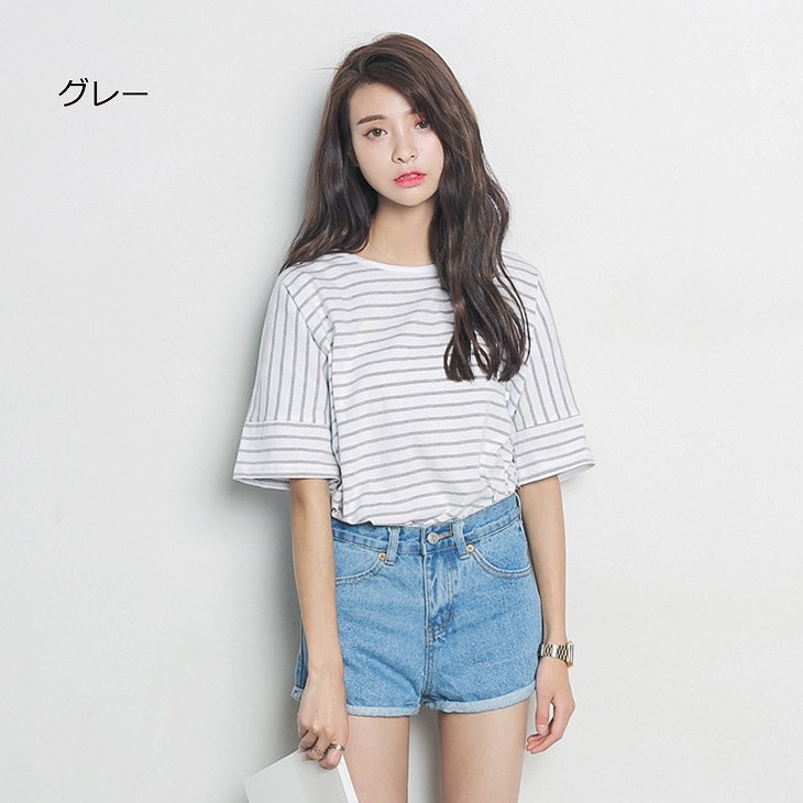 レディース　トップス　Tシャツ　ボーダー　ゆるT　ゆったり　半袖　ラウンドネック　カットソー　定番　カジュアル　大人可愛い　デート　お出かけ　デイリー　ブルー　グレー　ブラック　送料無料