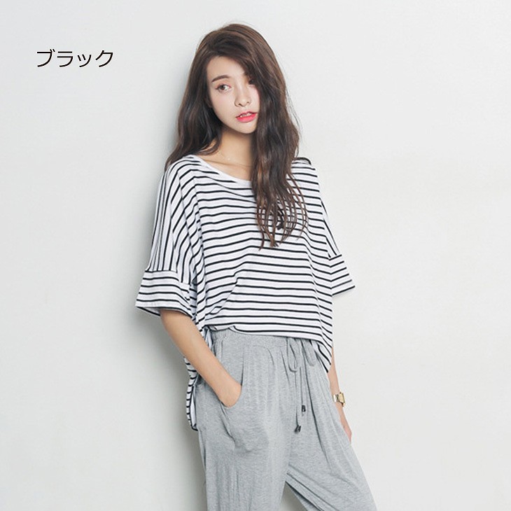 レディース　トップス　Tシャツ　ボーダー　ゆるT　ゆったり　半袖　ラウンドネック　カットソー　定番　カジュアル　大人可愛い　デート　お出かけ　デイリー　ブルー　グレー　ブラック　送料無料
