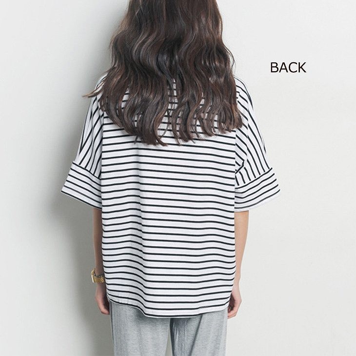 レディース　トップス　Tシャツ　ボーダー　ゆるT　ゆったり　半袖　ラウンドネック　カットソー　定番　カジュアル　大人可愛い　デート　お出かけ　デイリー　ブルー　グレー　ブラック　送料無料