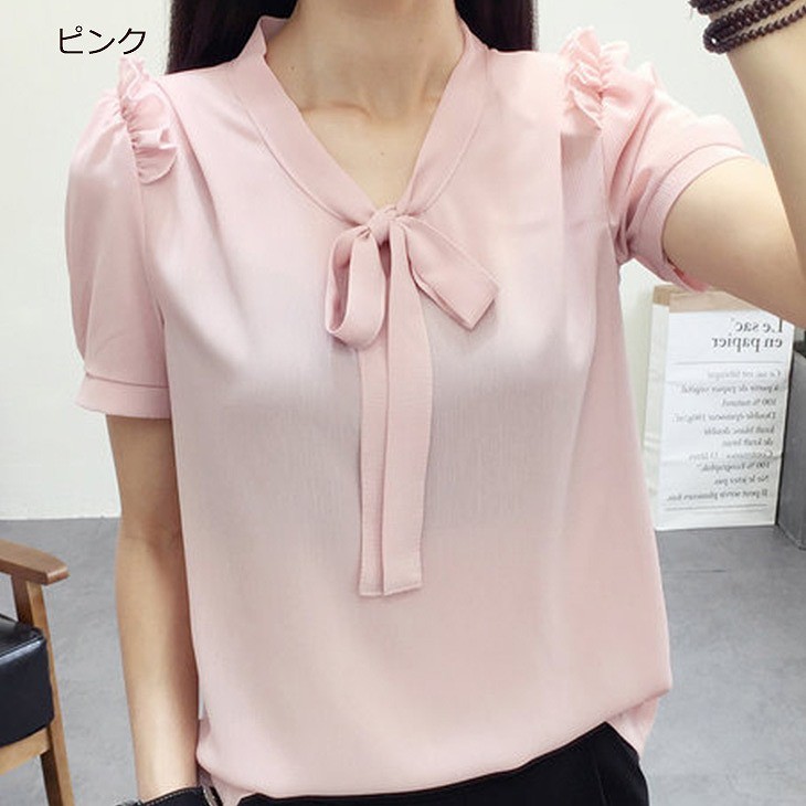 レディース　トップス　シフォン　カットソー　リボン　パフスリーブ　半袖　長袖　ラウンドネック　大きいサイズ　カジュアル　大人可愛い　オフィス　デート　お出かけ　デイリー　レッド　グリーン　ホワイト　イエロー　ピンク　送料無料