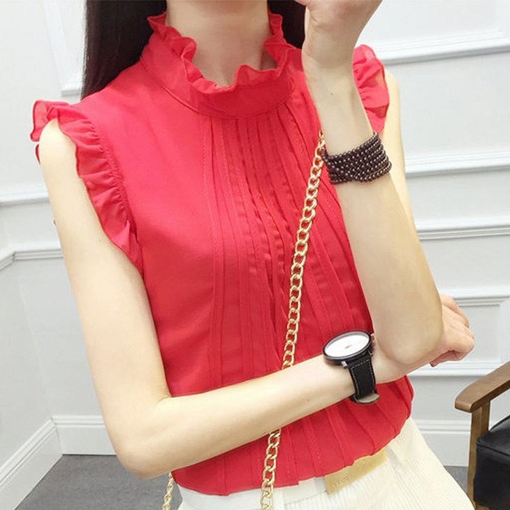 レディース　トップス　シフォン　カットソー　ブラウス　フリル　ノースリーブ　ラウンドネック　無地　カジュアル　大きいサイズ　大人可愛い　オフィス　デート　お出かけ　デイリー　レッド　ピンク　ブラック　ホワイト　グリーン　送料無料