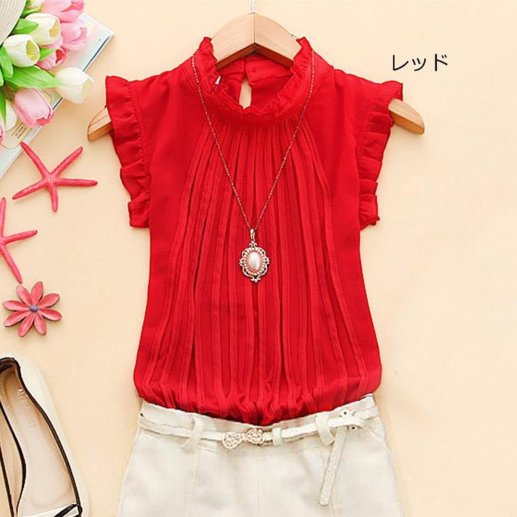 レディース　トップス　シフォン　カットソー　ブラウス　フリル　ノースリーブ　ラウンドネック　無地　カジュアル　大きいサイズ　大人可愛い　オフィス　デート　お出かけ　デイリー　レッド　ピンク　ブラック　ホワイト　グリーン　送料無料