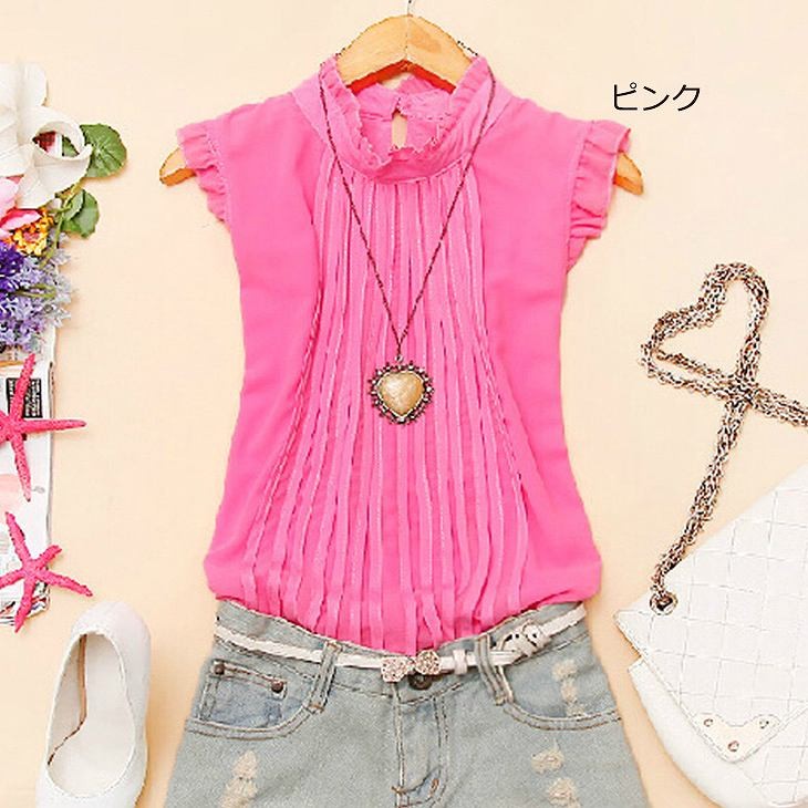 レディース　トップス　シフォン　カットソー　ブラウス　フリル　ノースリーブ　ラウンドネック　無地　カジュアル　大きいサイズ　大人可愛い　オフィス　デート　お出かけ　デイリー　レッド　ピンク　ブラック　ホワイト　グリーン　送料無料