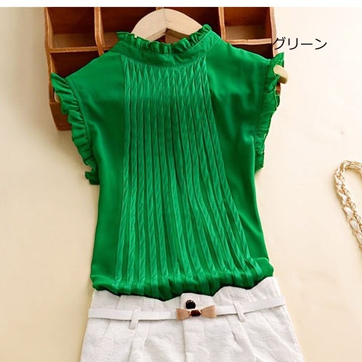 レディース　トップス　シフォン　カットソー　ブラウス　フリル　ノースリーブ　ラウンドネック　無地　カジュアル　大きいサイズ　大人可愛い　オフィス　デート　お出かけ　デイリー　レッド　ピンク　ブラック　ホワイト　グリーン　送料無料