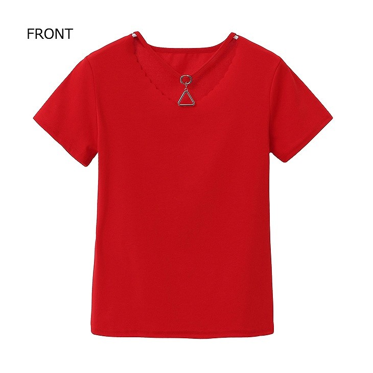 レディース　トップス　Tシャツ　無地　スカラップネック　Ｖネック　　半袖　綿　シンプル　スリム　フィット　カジュアル　大人可愛い　フェミニン　デート　お出かけ　普段着　ブラック　ホワイト　レッド　イエロー　送料無料