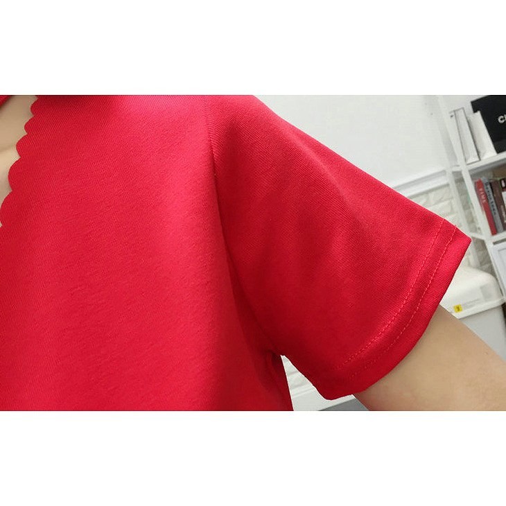 レディース　トップス　Tシャツ　無地　スカラップネック　Ｖネック　　半袖　綿　シンプル　スリム　フィット　カジュアル　大人可愛い　フェミニン　デート　お出かけ　普段着　ブラック　ホワイト　レッド　イエロー　送料無料