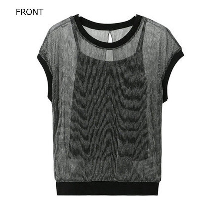 レディース　トップス　Tシャツ　無地　カットソー　半袖　シースルー　キャミソール付　カジュアル　セクシー　大人可愛い　フェミニン　デート　お出かけ　普段着　ブラック　シルバー　送料無料