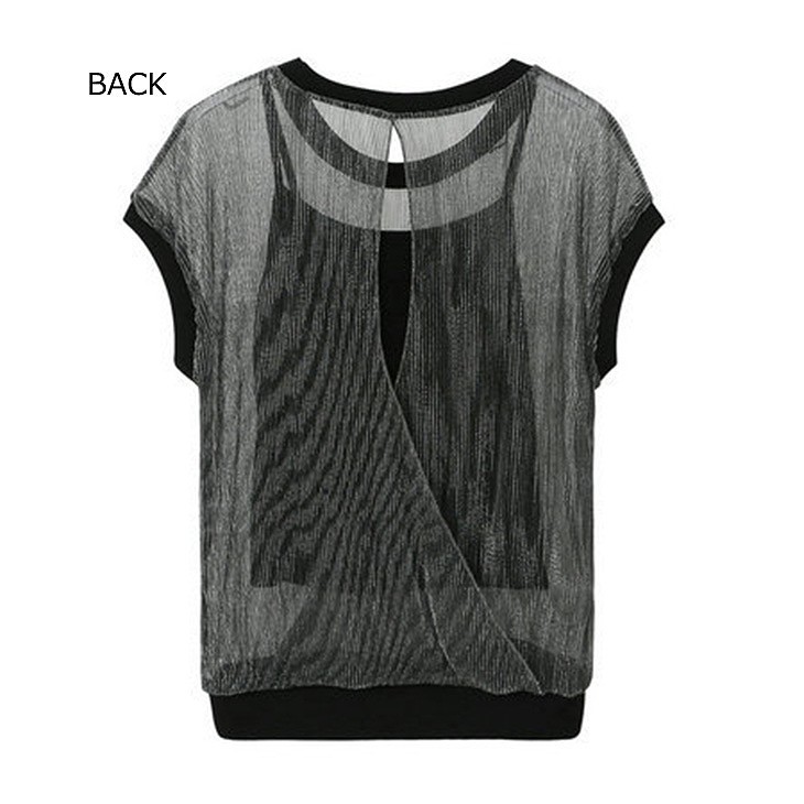 レディース　トップス　Tシャツ　無地　カットソー　半袖　シースルー　キャミソール付　カジュアル　セクシー　大人可愛い　フェミニン　デート　お出かけ　普段着　ブラック　シルバー　送料無料