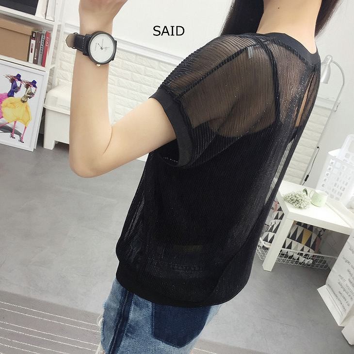 レディース　トップス　Tシャツ　無地　カットソー　半袖　シースルー　キャミソール付　カジュアル　セクシー　大人可愛い　フェミニン　デート　お出かけ　普段着　ブラック　シルバー　送料無料