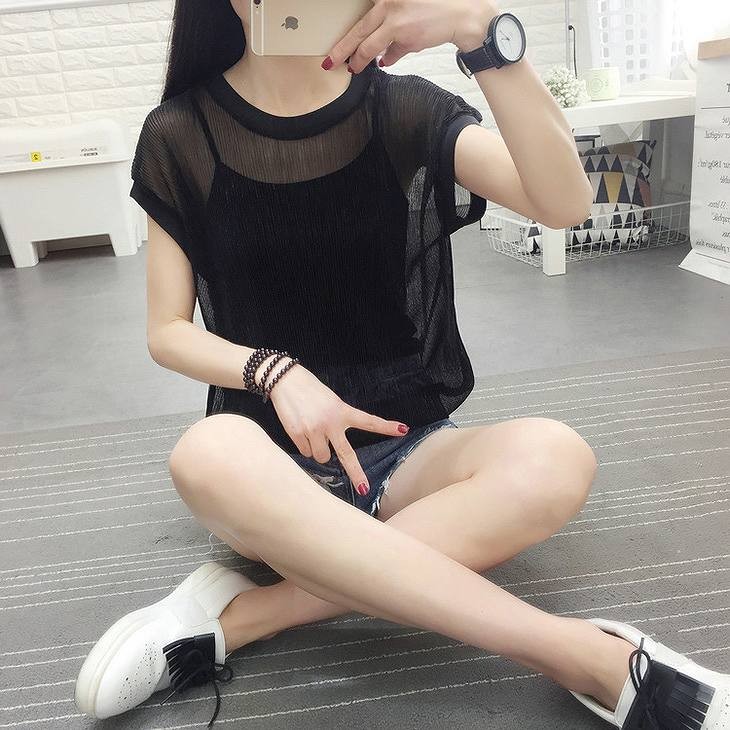 レディース　トップス　Tシャツ　無地　カットソー　半袖　シースルー　キャミソール付　カジュアル　セクシー　大人可愛い　フェミニン　デート　お出かけ　普段着　ブラック　シルバー　送料無料