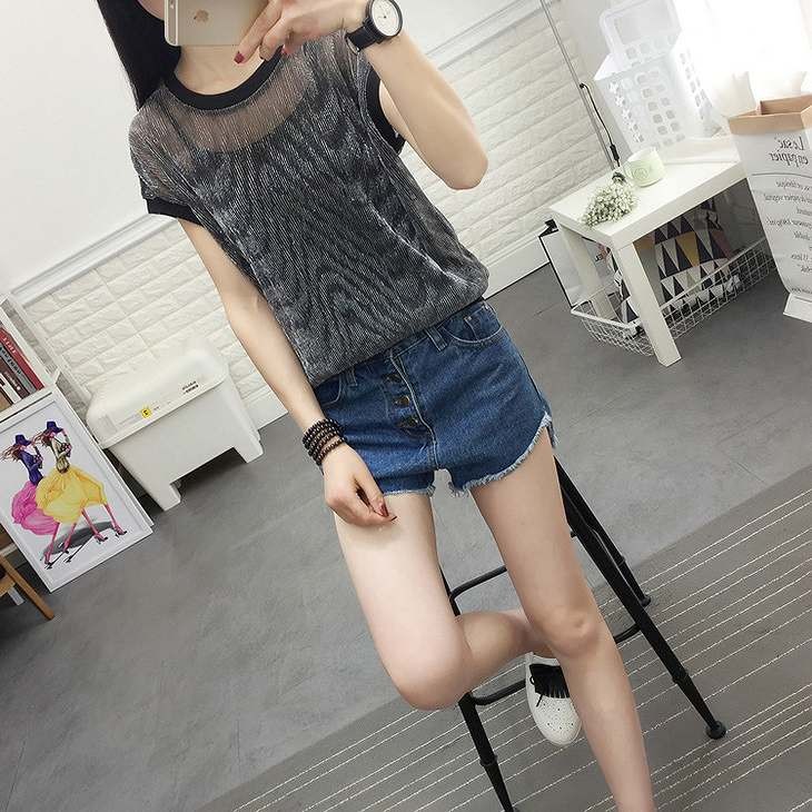 レディース　トップス　Tシャツ　無地　カットソー　半袖　シースルー　キャミソール付　カジュアル　セクシー　大人可愛い　フェミニン　デート　お出かけ　普段着　ブラック　シルバー　送料無料