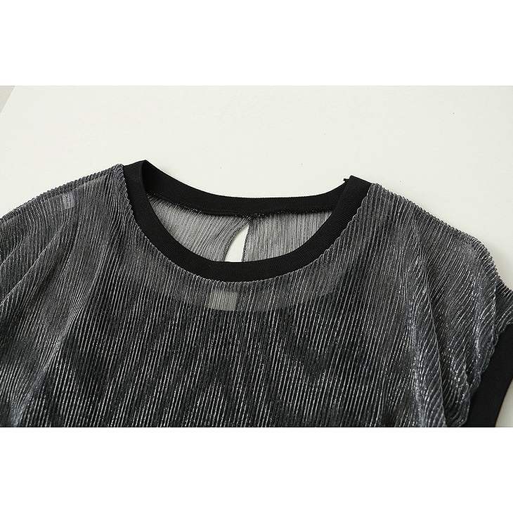 レディース　トップス　Tシャツ　無地　カットソー　半袖　シースルー　キャミソール付　カジュアル　セクシー　大人可愛い　フェミニン　デート　お出かけ　普段着　ブラック　シルバー　送料無料