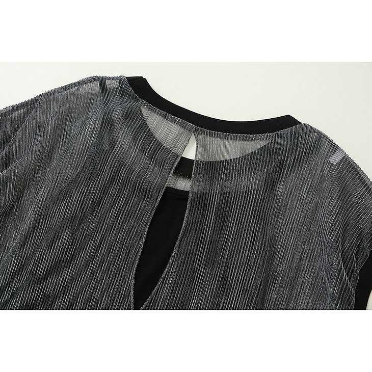 レディース　トップス　Tシャツ　無地　カットソー　半袖　シースルー　キャミソール付　カジュアル　セクシー　大人可愛い　フェミニン　デート　お出かけ　普段着　ブラック　シルバー　送料無料