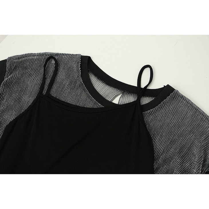 レディース　トップス　Tシャツ　無地　カットソー　半袖　シースルー　キャミソール付　カジュアル　セクシー　大人可愛い　フェミニン　デート　お出かけ　普段着　ブラック　シルバー　送料無料