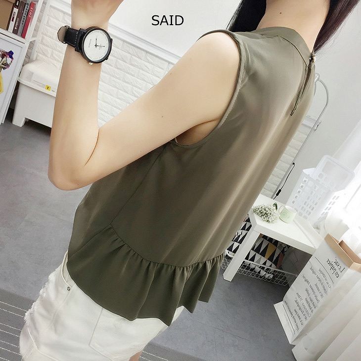 レディース　トップス　ノースリーブ　シャツ　シフォン　後ろフレア　無地　シンプル　カジュアル　大人可愛い　フェミニン　通勤　デート　お出かけ　普段着　ホワイト　ピンク　オレンジ　グリーン　送料無料