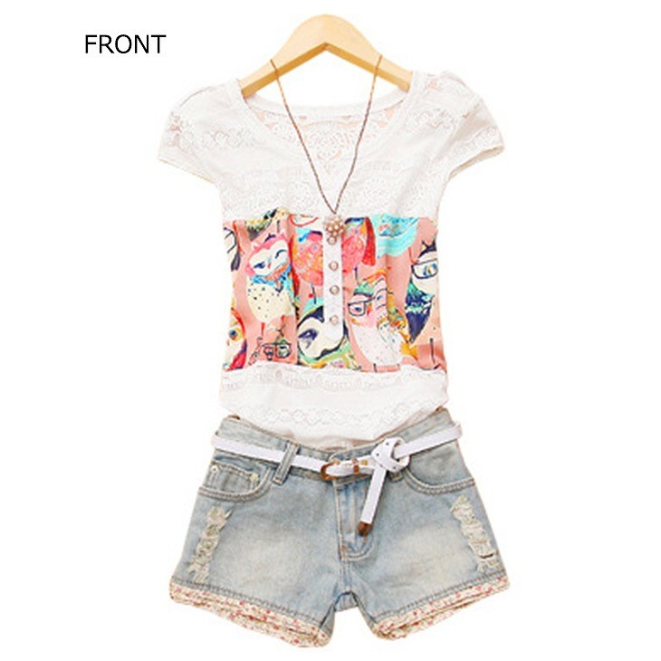 レディース　トップス　Tシャツ　Ｖネック　ボタン　半袖　プリント　レース　カラフル　華やか　カジュアル　大人可愛い　フェミニン　デート　お出かけ　普段着　送料無料