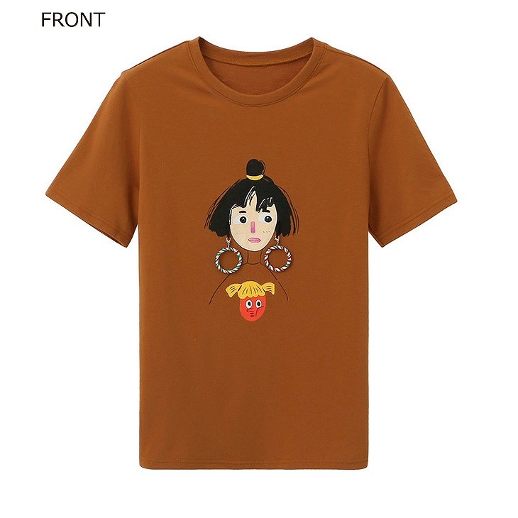 レディース　トップス　Tシャツ　半袖　綿　コットン　シンプル　プリント　漫画　クールネック　カジュアル　大人可愛い　フェミニン　デート　お出かけ　普段着　ホワイト　アイボリー　ブラウン　グリーン　送料無料