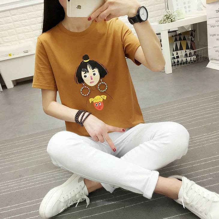 レディース　トップス　Tシャツ　半袖　綿　コットン　シンプル　プリント　漫画　クールネック　カジュアル　大人可愛い　フェミニン　デート　お出かけ　普段着　ホワイト　アイボリー　ブラウン　グリーン　送料無料
