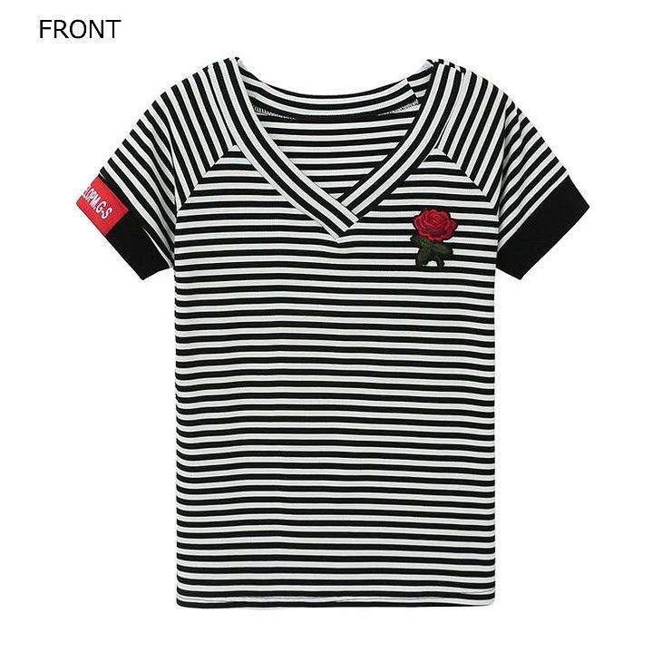 レディース　トップス　Tシャツ　半袖　Ｖネック　ボーダー　綿　ワンポイント　シンプル　花柄　バラ　スリム　カジュアル　大人可愛い　フェミニン　デート　お出かけ　普段着　ホワイト　送料無料
