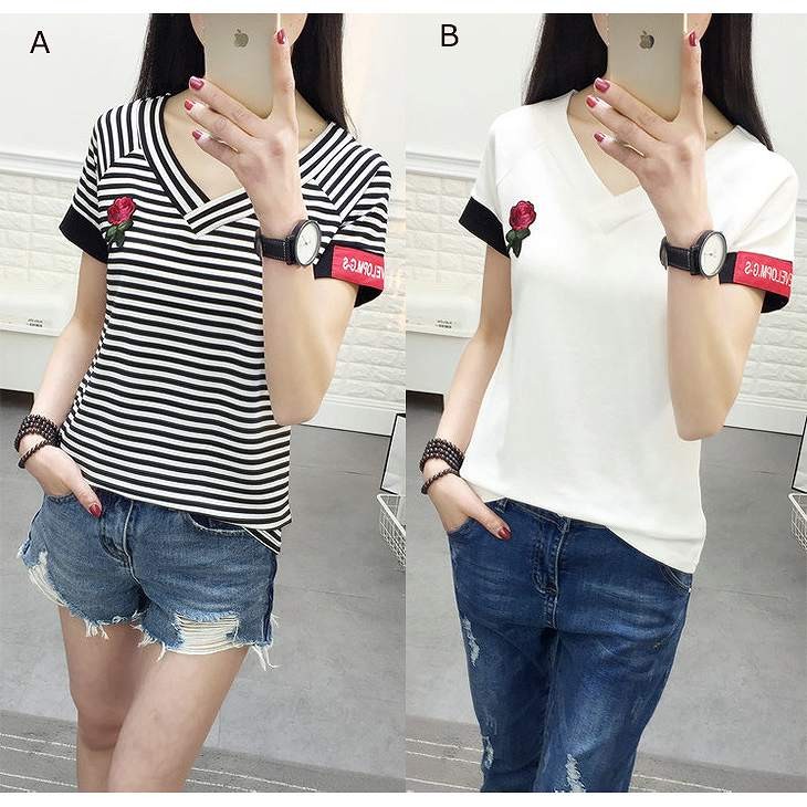レディース　トップス　Tシャツ　半袖　Ｖネック　ボーダー　綿　ワンポイント　シンプル　花柄　バラ　スリム　カジュアル　大人可愛い　フェミニン　デート　お出かけ　普段着　ホワイト　送料無料