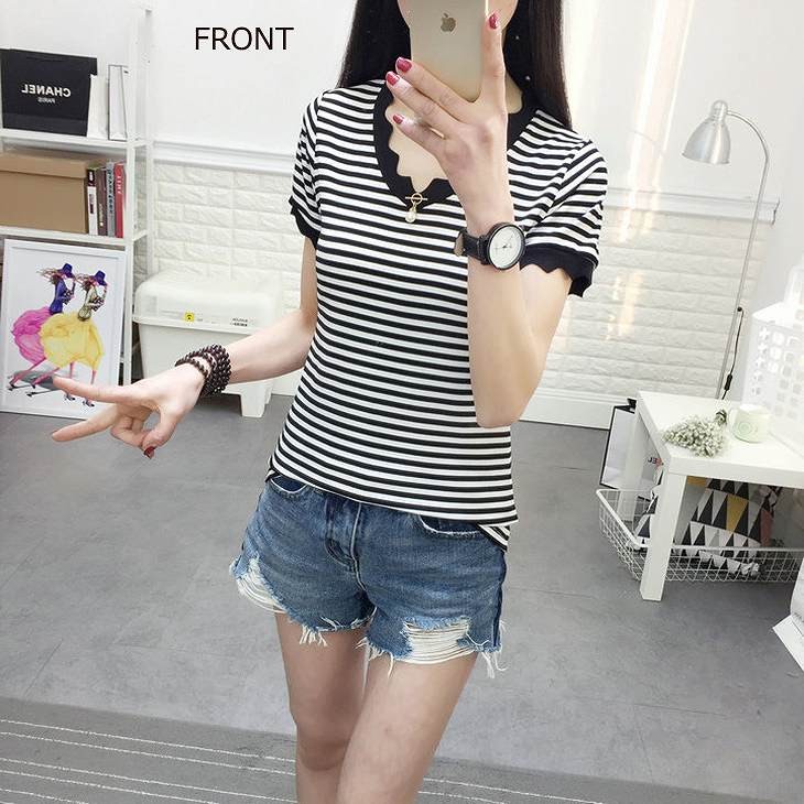 レディース　トップス　Tシャツ　半袖　無地　ボーダー　Ｖネック　スカラップネック　綿　コットン　シンプル　スリム　カジュアル　大人可愛い　フェミニン　デート　お出かけ　普段着　ホワイト　ブラック　送料無料