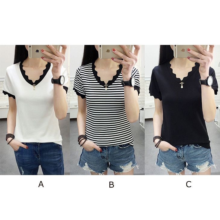 レディース　トップス　Tシャツ　半袖　無地　ボーダー　Ｖネック　スカラップネック　綿　コットン　シンプル　スリム　カジュアル　大人可愛い　フェミニン　デート　お出かけ　普段着　ホワイト　ブラック　送料無料