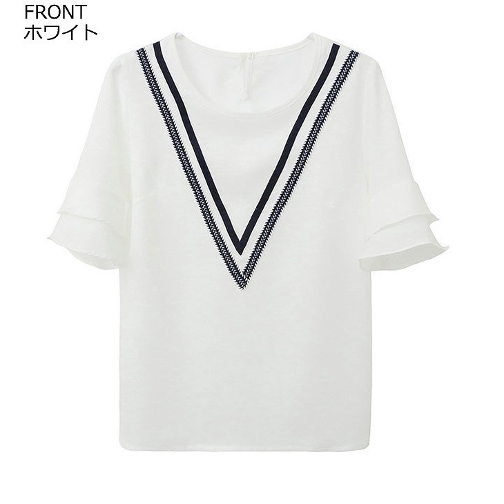 レディース　トップス　Tシャツ　半袖　フレア袖　シフォン　シンプル　ライン　カジュアル　大人可愛い　フェミニン　デート　お出かけ　普段着　ホワイト　送料無料
