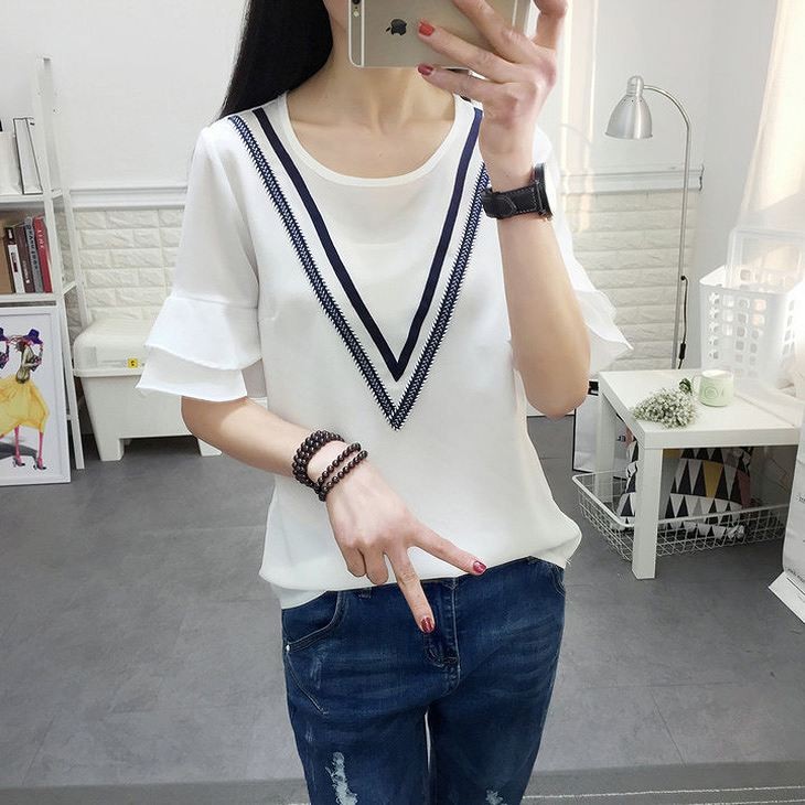 レディース　トップス　Tシャツ　半袖　フレア袖　シフォン　シンプル　ライン　カジュアル　大人可愛い　フェミニン　デート　お出かけ　普段着　ホワイト　送料無料