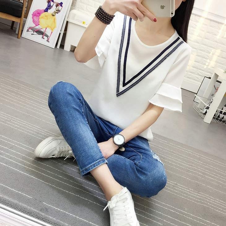 レディース　トップス　Tシャツ　半袖　フレア袖　シフォン　シンプル　ライン　カジュアル　大人可愛い　フェミニン　デート　お出かけ　普段着　ホワイト　送料無料