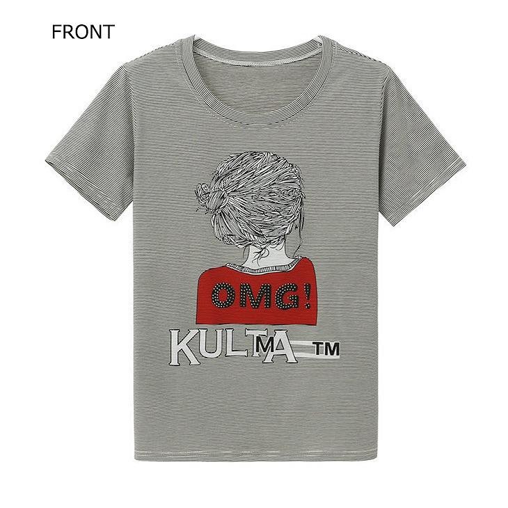 レディース　トップス　Tシャツ　半袖　ストライプ　プリント　スリム　カジュアル　大人可愛い　フェミニン　デート　お出かけ　普段着　送料無料