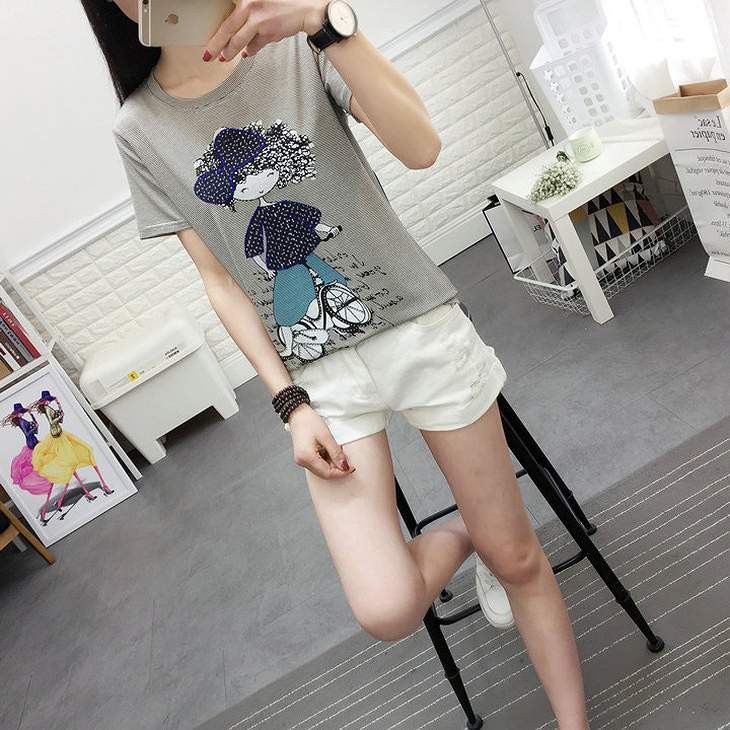 レディース　トップス　Tシャツ　半袖　ストライプ　プリント　スリム　カジュアル　大人可愛い　フェミニン　デート　お出かけ　普段着　送料無料