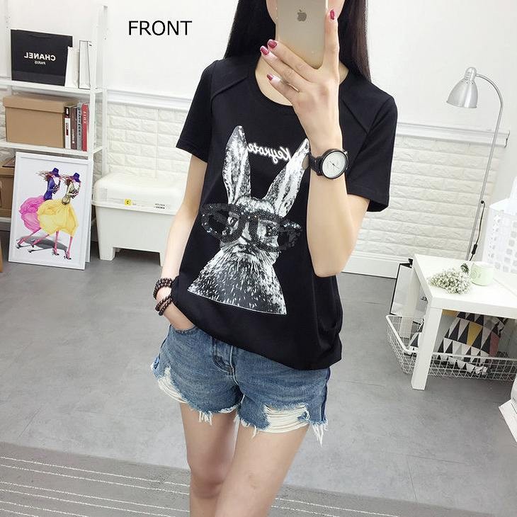 レディース　トップス　Tシャツ　半袖　プリント　ウサギ　コットン　綿　プリーツ　カジュアル　大人可愛い　フェミニン　デート　お出かけ　普段着　ホワイト　白　ブラック　黒　送料無料