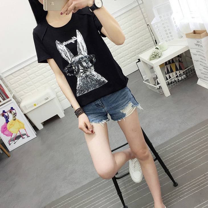 レディース　トップス　Tシャツ　半袖　プリント　ウサギ　コットン　綿　プリーツ　カジュアル　大人可愛い　フェミニン　デート　お出かけ　普段着　ホワイト　白　ブラック　黒　送料無料