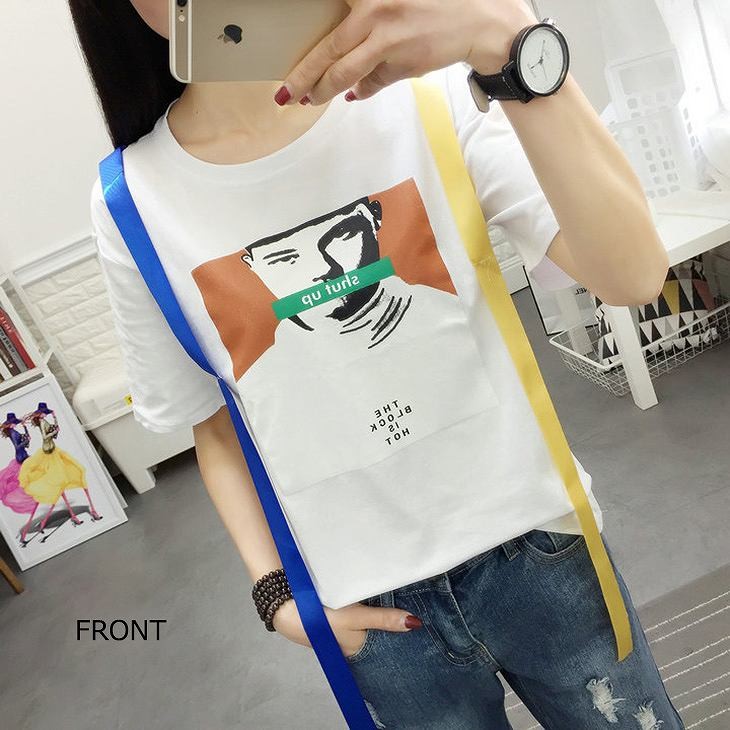 レディース　トップス　Tシャツ　半袖　プリント　肖像画　リボン　綿　カジュアル　大人可愛い　フェミニン　デート　お出かけ　普段着　ホワイト　白　ブラック　黒　送料無料