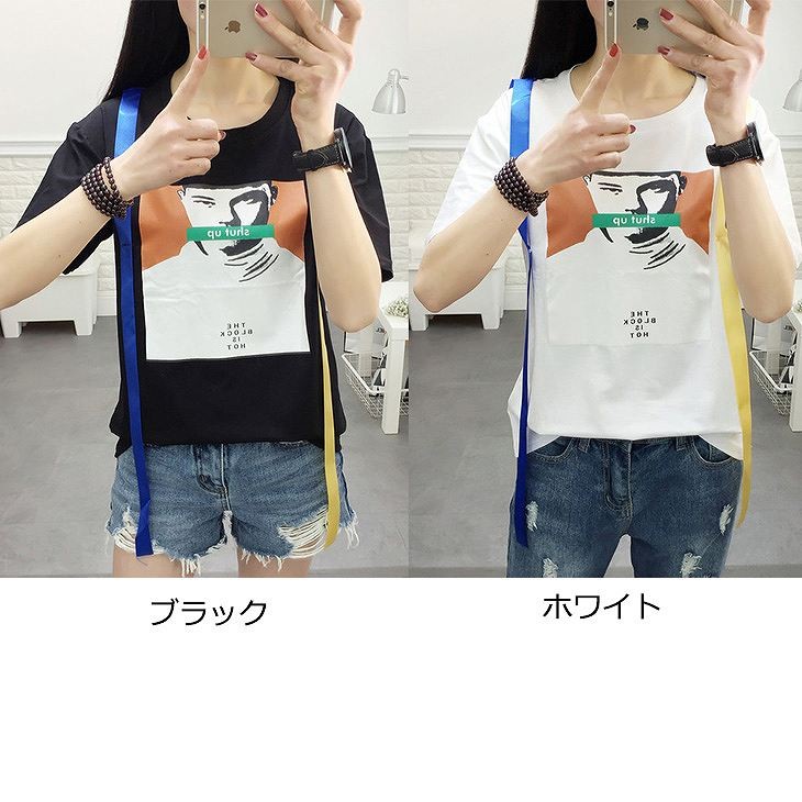 レディース　トップス　Tシャツ　半袖　プリント　肖像画　リボン　綿　カジュアル　大人可愛い　フェミニン　デート　お出かけ　普段着　ホワイト　白　ブラック　黒　送料無料