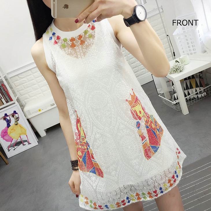 レディース　ワンピース　ノースリーブ　二重　レース　膝上　花柄　アニマル柄　春　夏　カジュアル　フェミニン　キュート　可愛い　おしゃれ　セクシー　ホワイト　白　レッド　グリーン　ブルー　送料無料