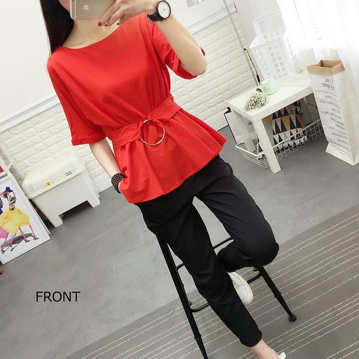 レディース　トップス　Tシャツ　半袖　無地　カットソー　シフォン　ベルト　フレア　シンプル　エレガント　上品　セクシー　カジュアル　大人可愛い　フェミニン　おしゃれ　通勤　ビジネス　デート　お出かけ　普段着　ホワイト　白　ブラック　黒　レッド　送料無料