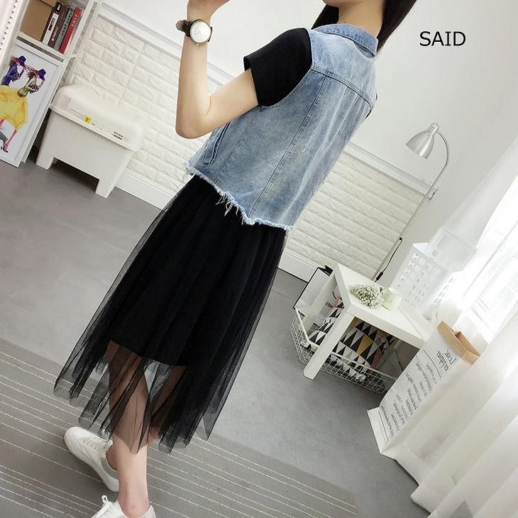 レディース　ツーピース　デニムベスト＆ロングワンピース　膝下丈　シフォン　無地　大人可愛い　大きいサイズ　カジュアル　シンプル　卒業式　セレモニー　お出かけ　デート　ブルー×ブラック　送料無料