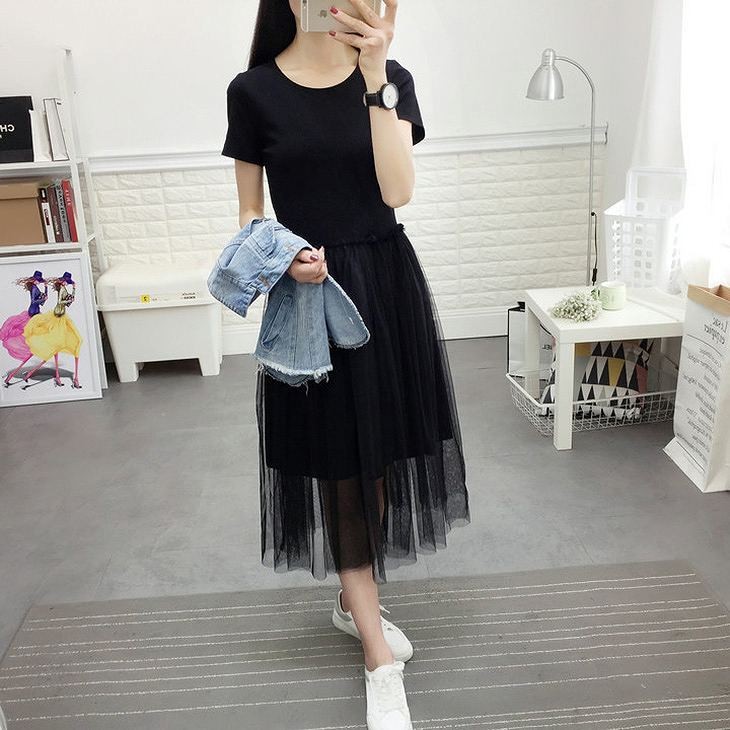 レディース　ツーピース　デニムベスト＆ロングワンピース　膝下丈　シフォン　無地　大人可愛い　大きいサイズ　カジュアル　シンプル　卒業式　セレモニー　お出かけ　デート　ブルー×ブラック　送料無料