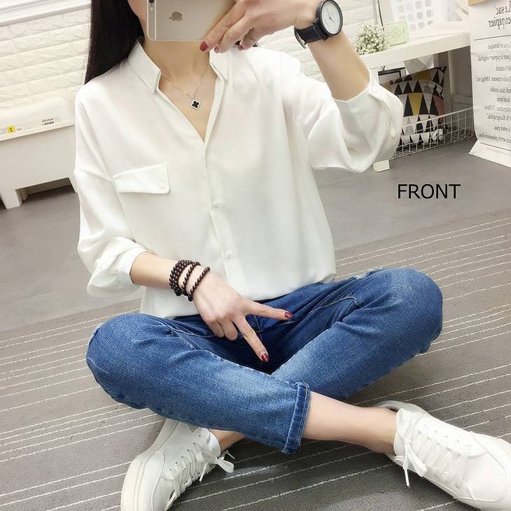 レディース　トップス　シフォン　ブラウス　シャツ　スキッパーカラー　ボタンダウン　7分袖　無地　シンプル　大きいサイズ　カジュアル　大人可愛い　オフィス　OL　デート　お出かけ　デイリー　グレー　ホワイト　送料無料