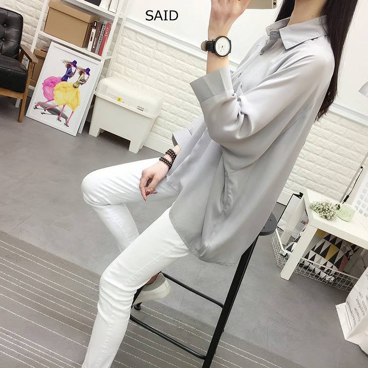 レディース　トップス　シフォン　ブラウス　シャツ　襟付き　長袖　無地　シンプル　大きいサイズ　カジュアル　大人可愛い　オフィス　OL　デート　お出かけ　デイリー　グレー　ホワイト　ブラック　送料無料