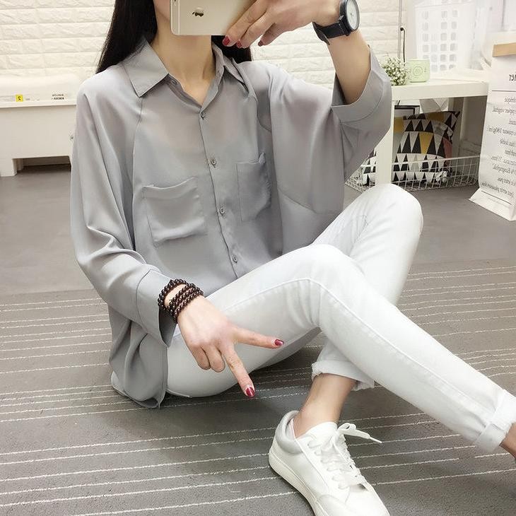 レディース　トップス　シフォン　ブラウス　シャツ　襟付き　長袖　無地　シンプル　大きいサイズ　カジュアル　大人可愛い　オフィス　OL　デート　お出かけ　デイリー　グレー　ホワイト　ブラック　送料無料