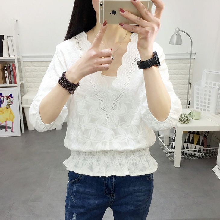 レディース　トップス　総レース　カットソー　Vネック　7分袖　無地　シンプル　カジュアル　大人可愛い　オフィス　OL　デート　お出かけ　デイリー　ホワイト　送料無料