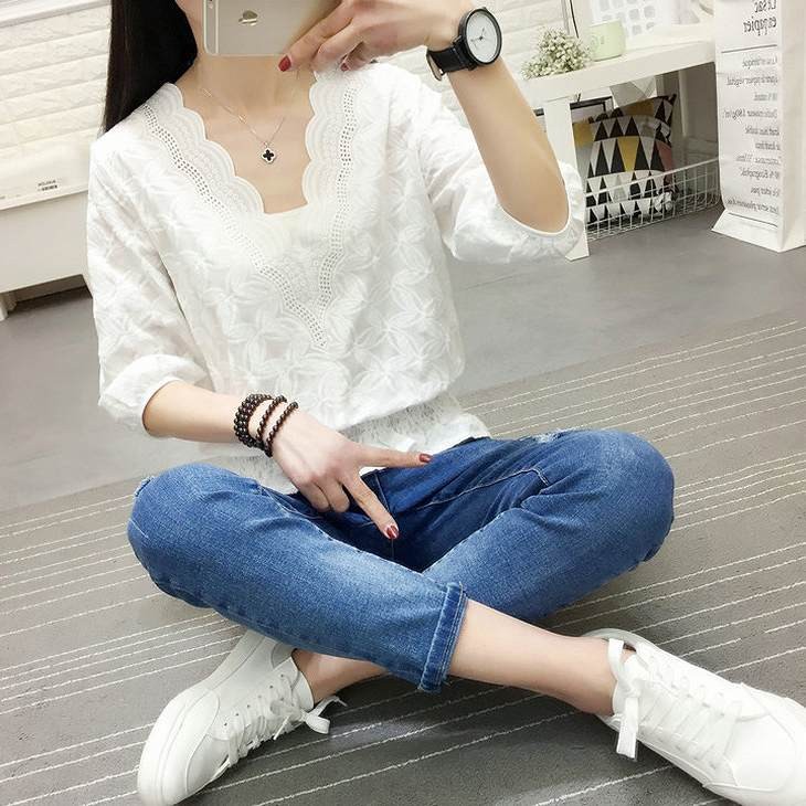 レディース　トップス　総レース　カットソー　Vネック　7分袖　無地　シンプル　カジュアル　大人可愛い　オフィス　OL　デート　お出かけ　デイリー　ホワイト　送料無料